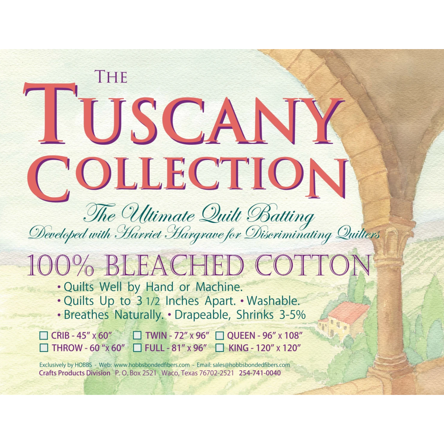 Tuscany Bleached Cotton Batting ~ 96in x 108in Queen