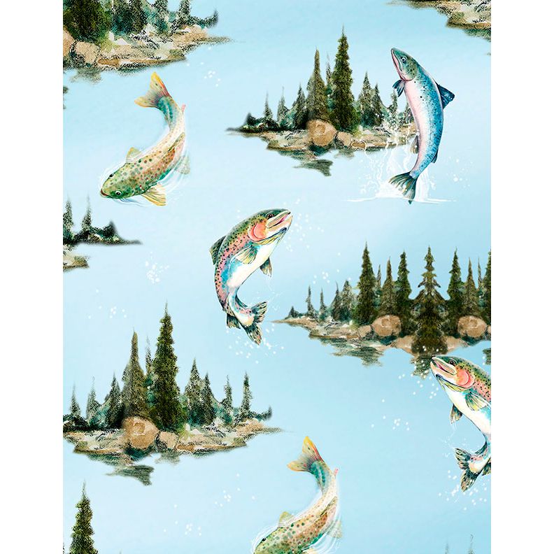 Reeled In ~ Lake Scenic with Fish ~ ﻿﻿21770 470 Light Blue