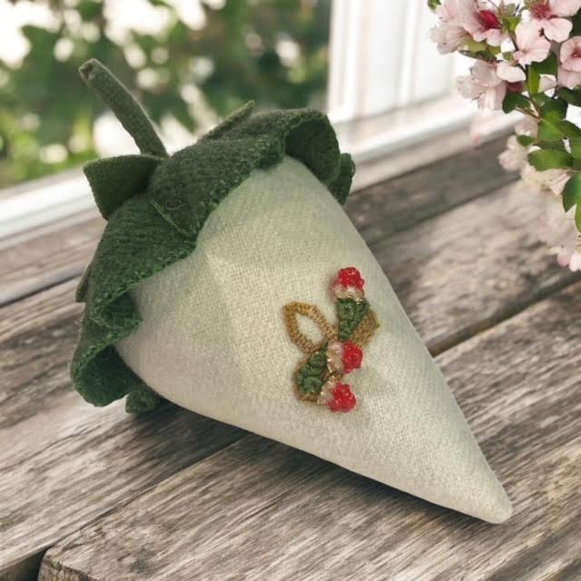 Paxe's Designs ~ White Wool Embroidered Strawberry