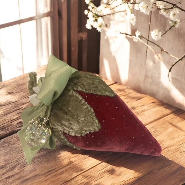 Paxe's Designs ~ Velvet Vintage Style Strawberry Pincushion with Glass Charm