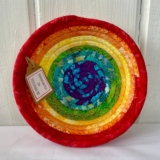 Hand-Crafted ~ Small Red Rainbow ~ Fabric Covered Rope Bowl