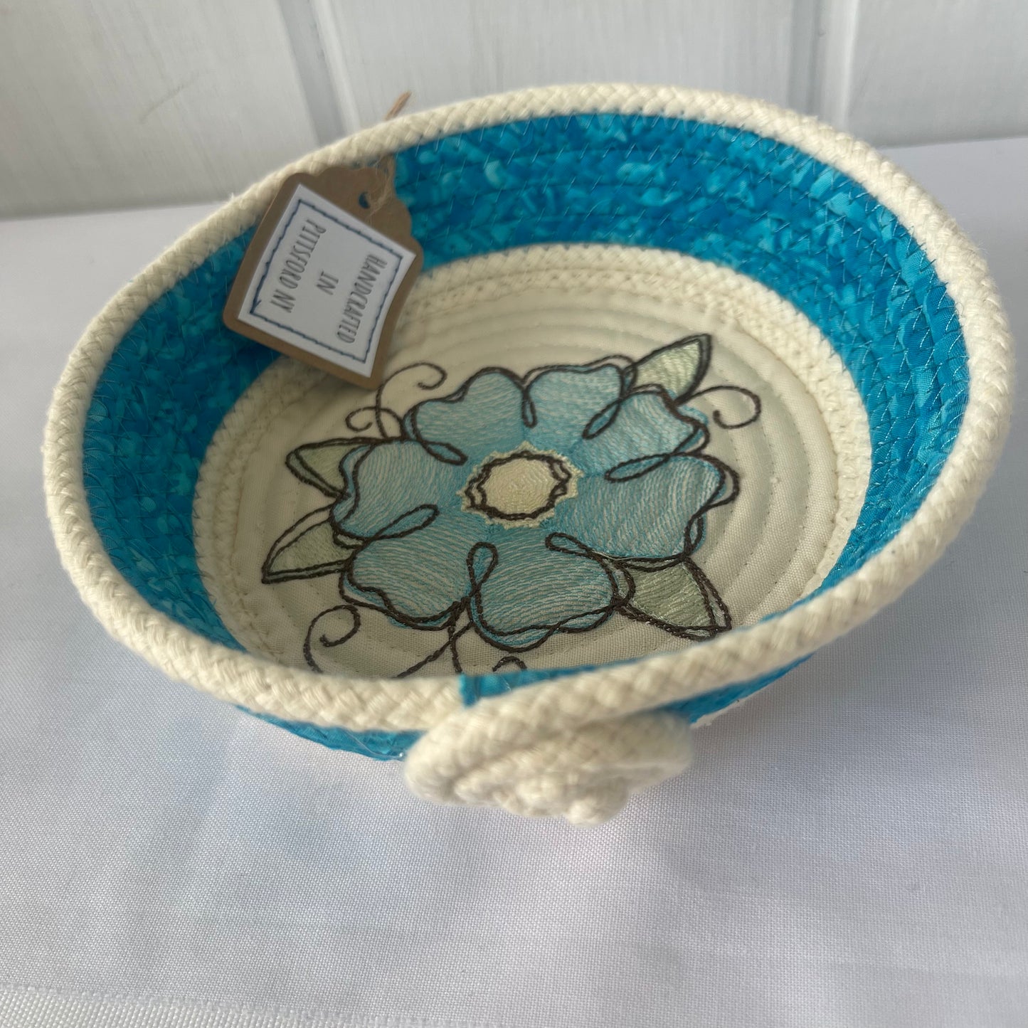 Hand-Crafted ~ Embroidered Flowers ~ Fabric Covered Rope Bowl