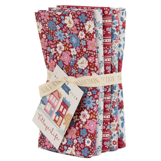 Tilda Village Life ~ Fat Quarter Bundle ~ TIL300276 Burgundy
