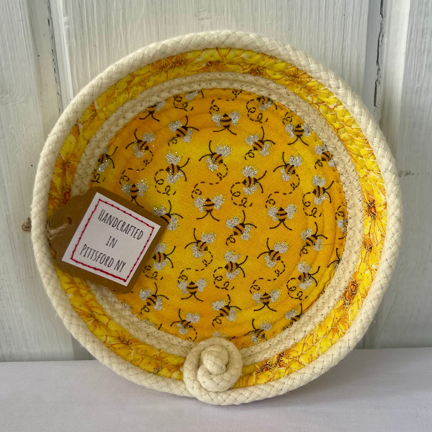 Hand-Crafted ~ Bees ~ Fabric Covered Rope Bowl