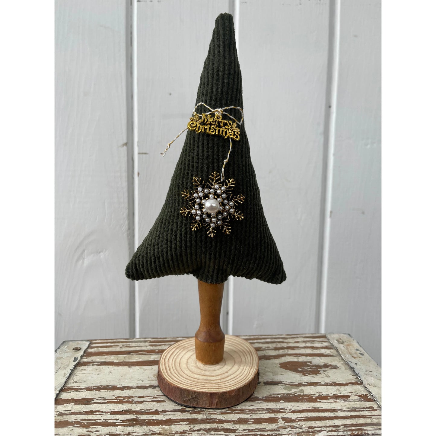 Paxe's Designs ~ Green Corduroy Tree with Snowflake Brooch