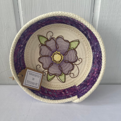 Hand-Crafted ~ Embroidered Flowers ~ Fabric Covered Rope Bowl