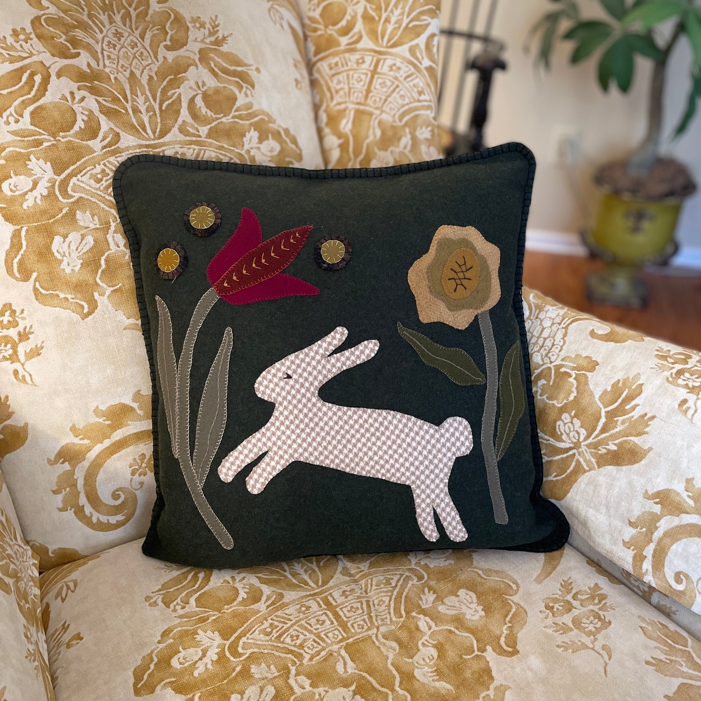 Paxe's Designs | Wool Applique Finished Pillow - Bunny in the Garden