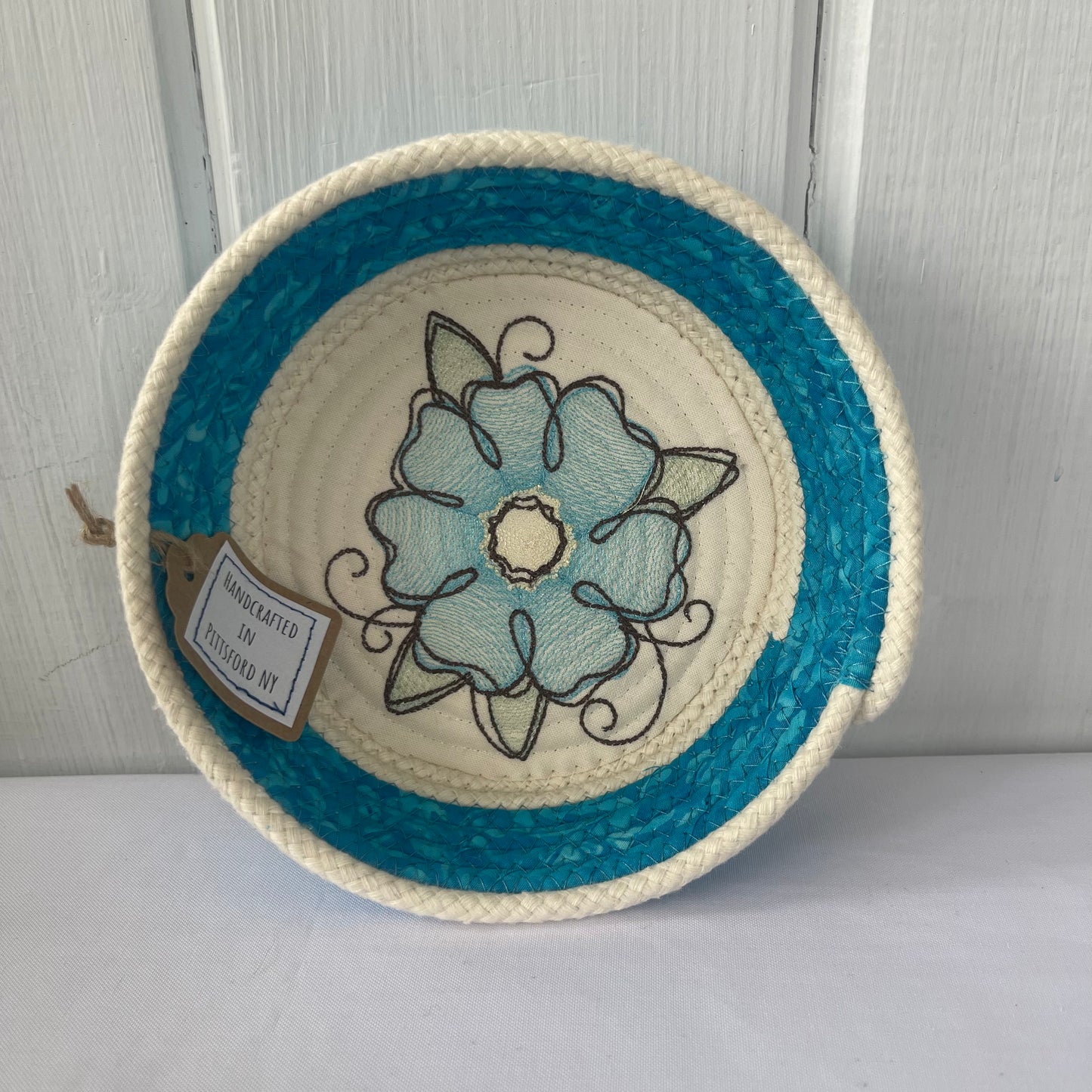Hand-Crafted ~ Embroidered Flowers ~ Fabric Covered Rope Bowl