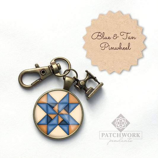 Patchwork Pendants | Blue & Tan Pinwheel Quilt Scissor Fob