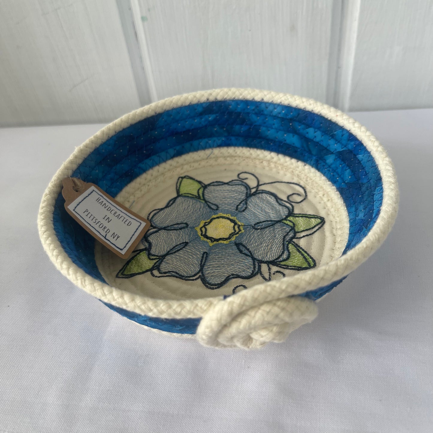 Hand-Crafted ~ Embroidered Flowers ~ Fabric Covered Rope Bowl