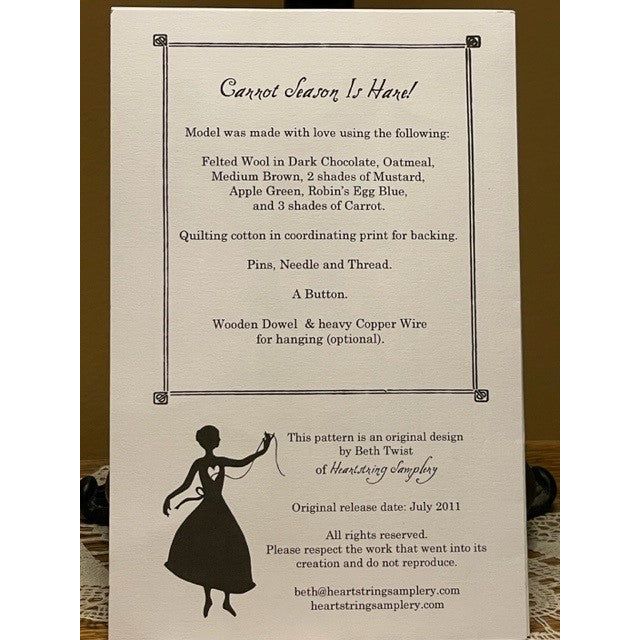 Heartstring Samplery ~ Carrot Season Is Hare Wool Applique Pattern