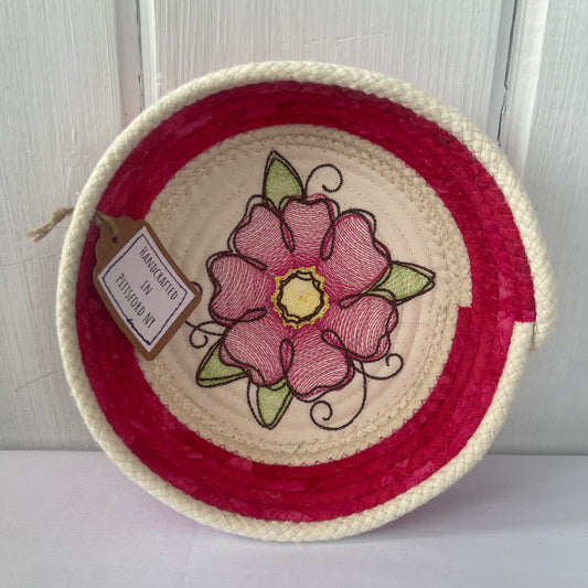 Hand-Crafted ~ Embroidered Flowers ~ Fabric Covered Rope Bowl