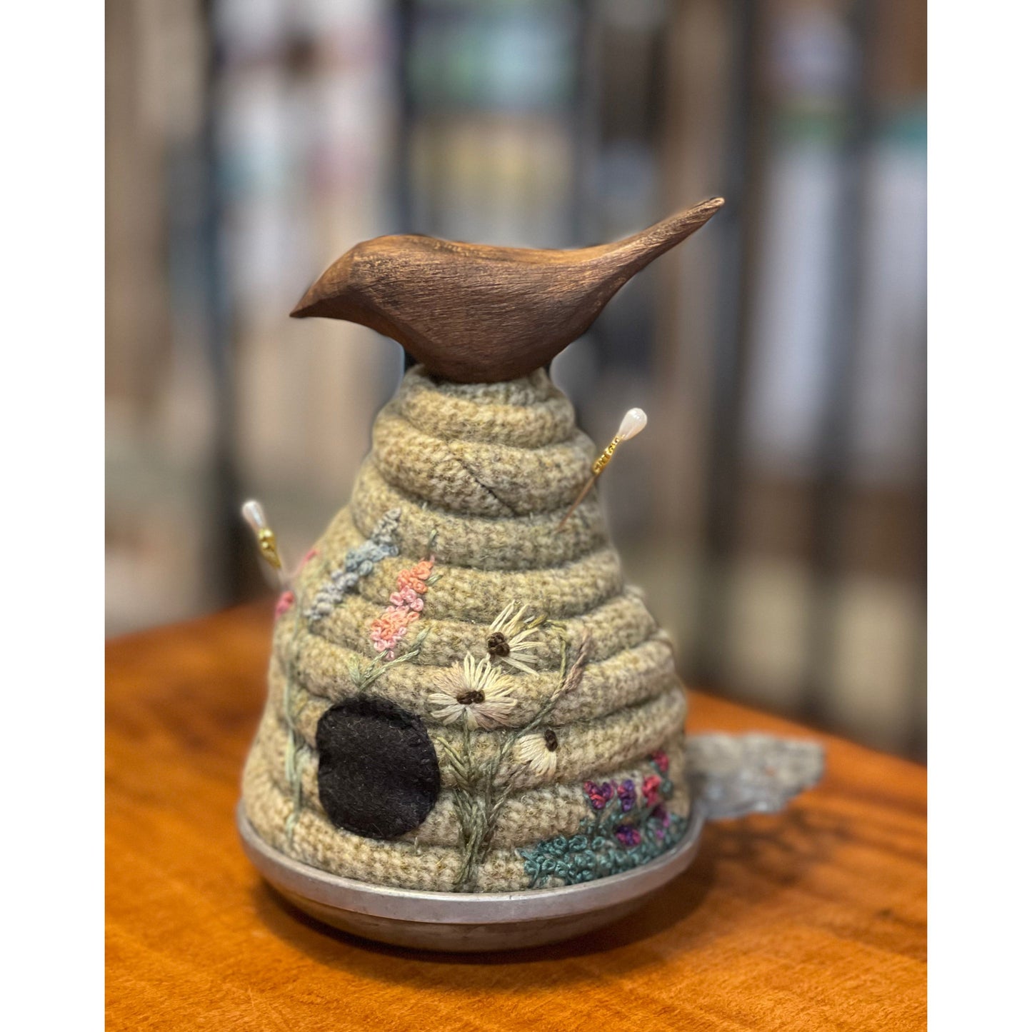 Paxe's Designs ~ Hand-Embroidered Bee Skep Pincushion