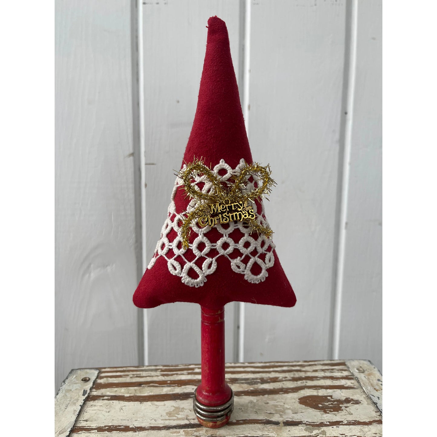 Paxe's Designs ~ Red Suede Tree with Vintage Tatting