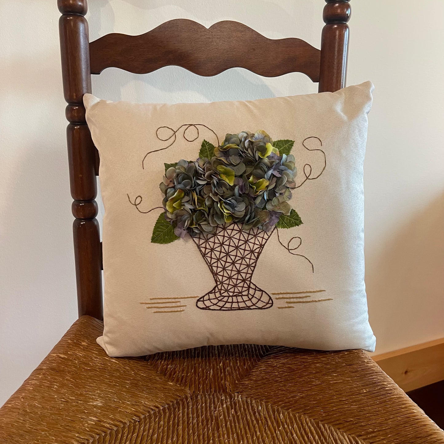 Paxe's Designs ~ Hand-Embroidered and Embellished Hydrangea Pillow