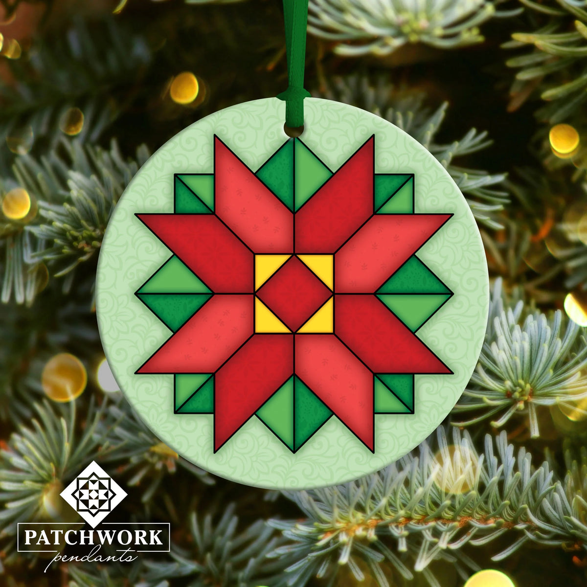 Patchwork Pendants | Poinsettia Quilt Block Ceramic Ornament