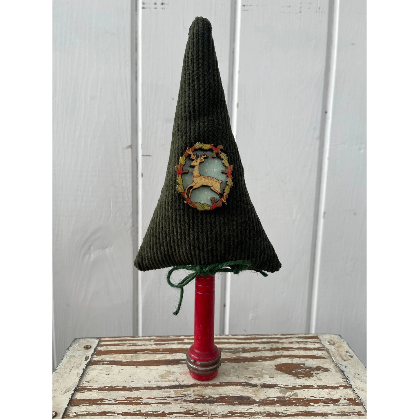 Paxe's Designs ~ Green Corduroy Tree with Reindeer Wreath