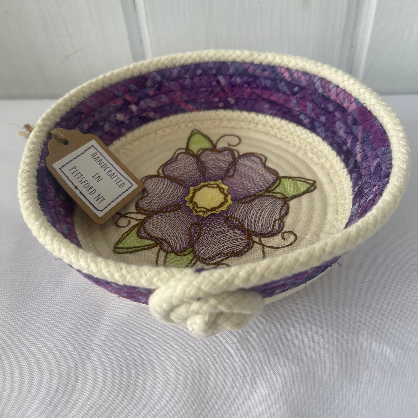 Hand-Crafted ~ Embroidered Flowers ~ Fabric Covered Rope Bowl