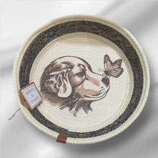 Hand-Crafted ~ Embroidered Dog ~ Fabric Covered Rope Bowl