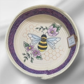 Hand-Crafted ~ Embroidered ~ Fabric Covered Rope Bowl LG