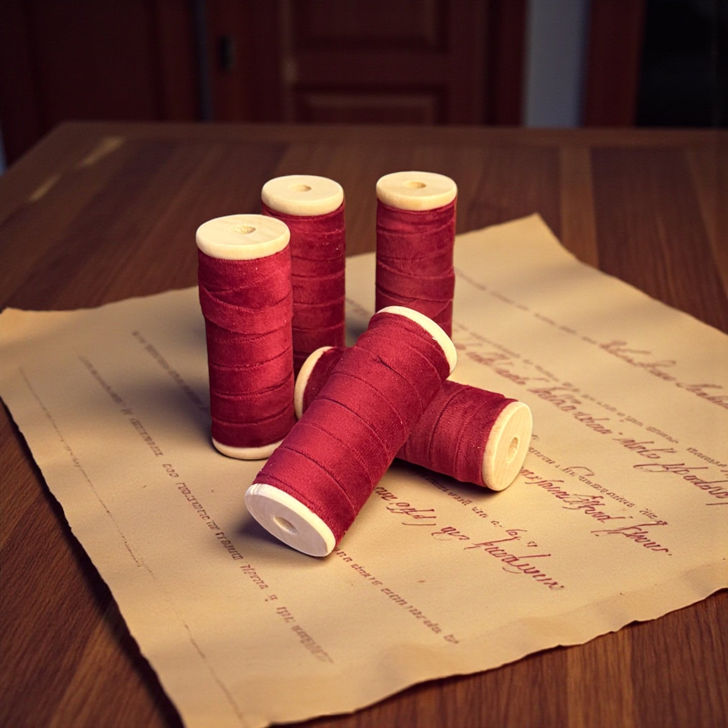 Vintage Ribbons | 3/8" Velvet Ribbon on Wooden Spool - Scarlet