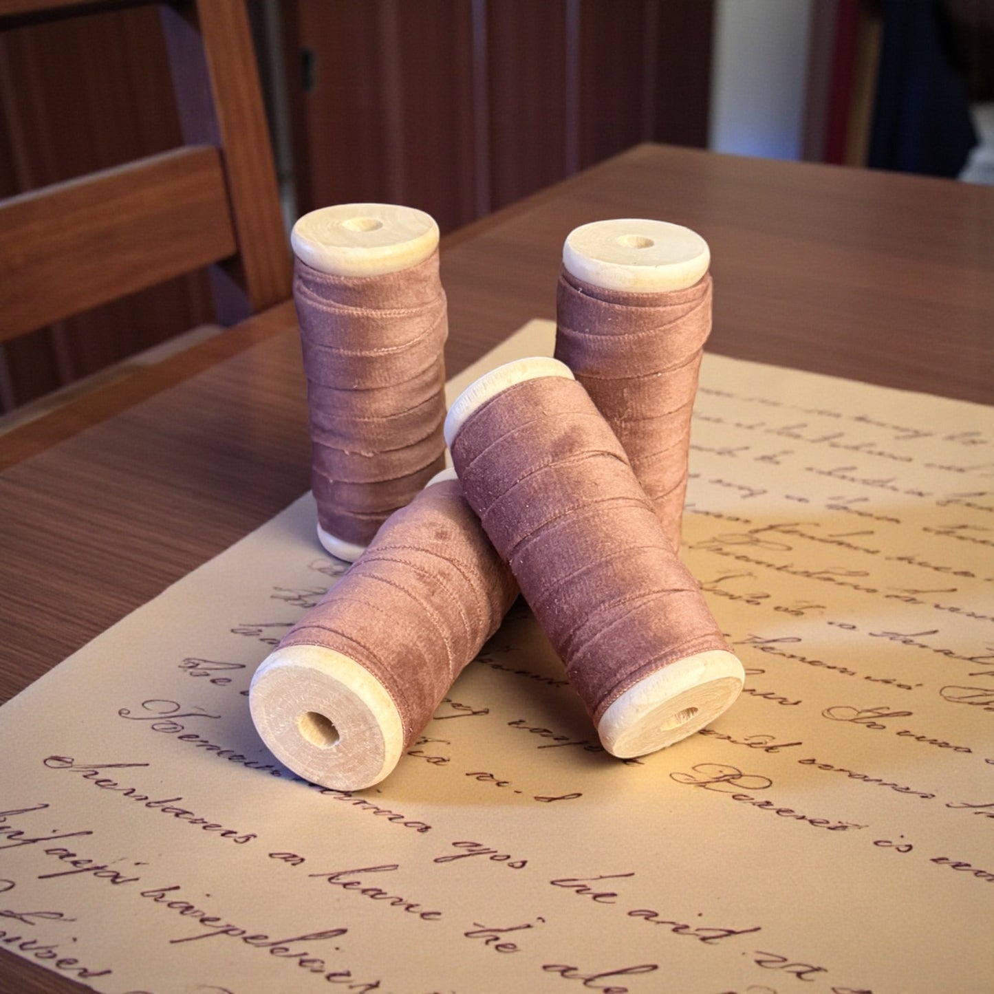 Vintage Ribbons | 3/8" Velvet Ribbon on Wooden Spool -Chestnut