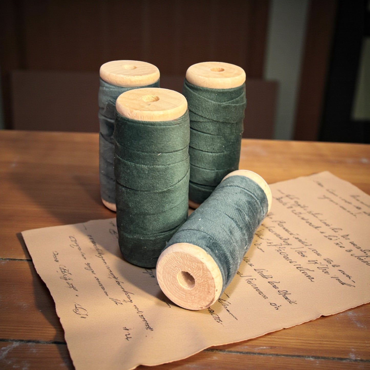 Vintage Ribbons | 3/8" Velvet Ribbon on Wooden Spool - Emerald