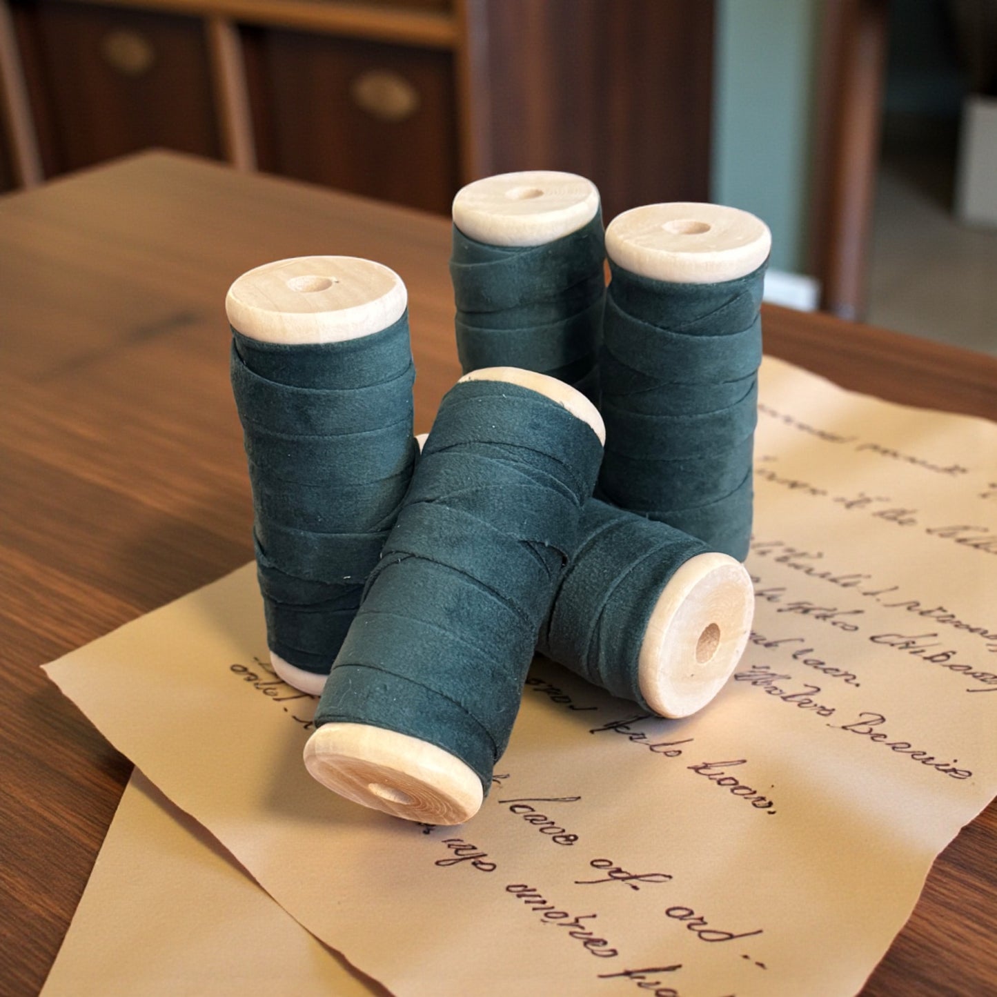 Vintage Ribbons | 3/8" Velvet Ribbon on Wooden Spool - Forest Green