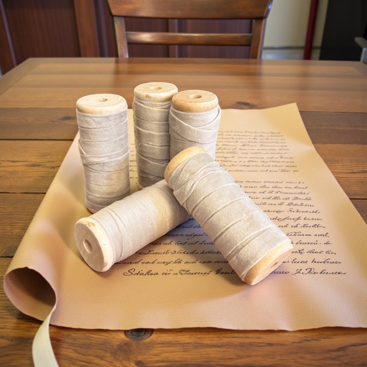 Vintage Ribbons | 3/8" Velvet Ribbon on Wooden Spool - Light Cream