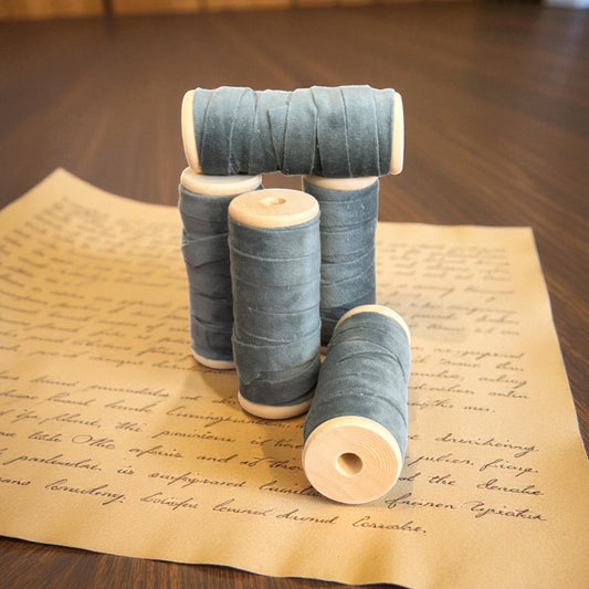 Vintage Ribbons | 3/8" Velvet Ribbon on Wooden Spool - Sage Blue