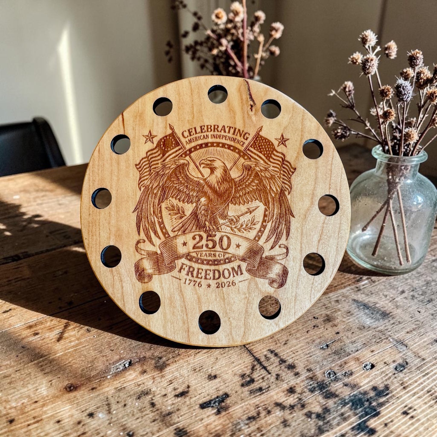 It's All About the Wood | Americana Round Thread Keep - Crossed Flags