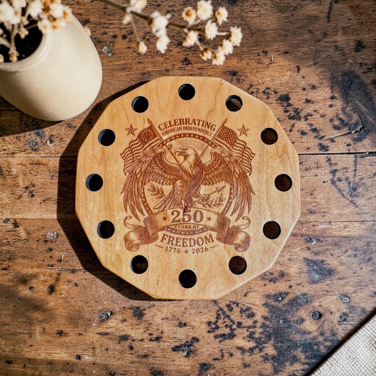 It's All About the Wood | Americana 12-sided Thread Keep - Crossed Flags