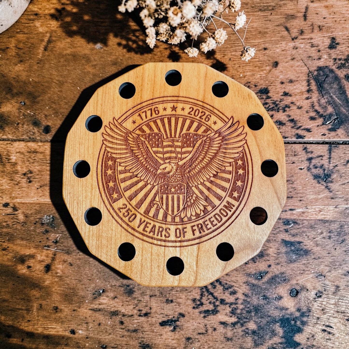It's All About the Wood | Americana 12-sided Thread Keep -Striped Background