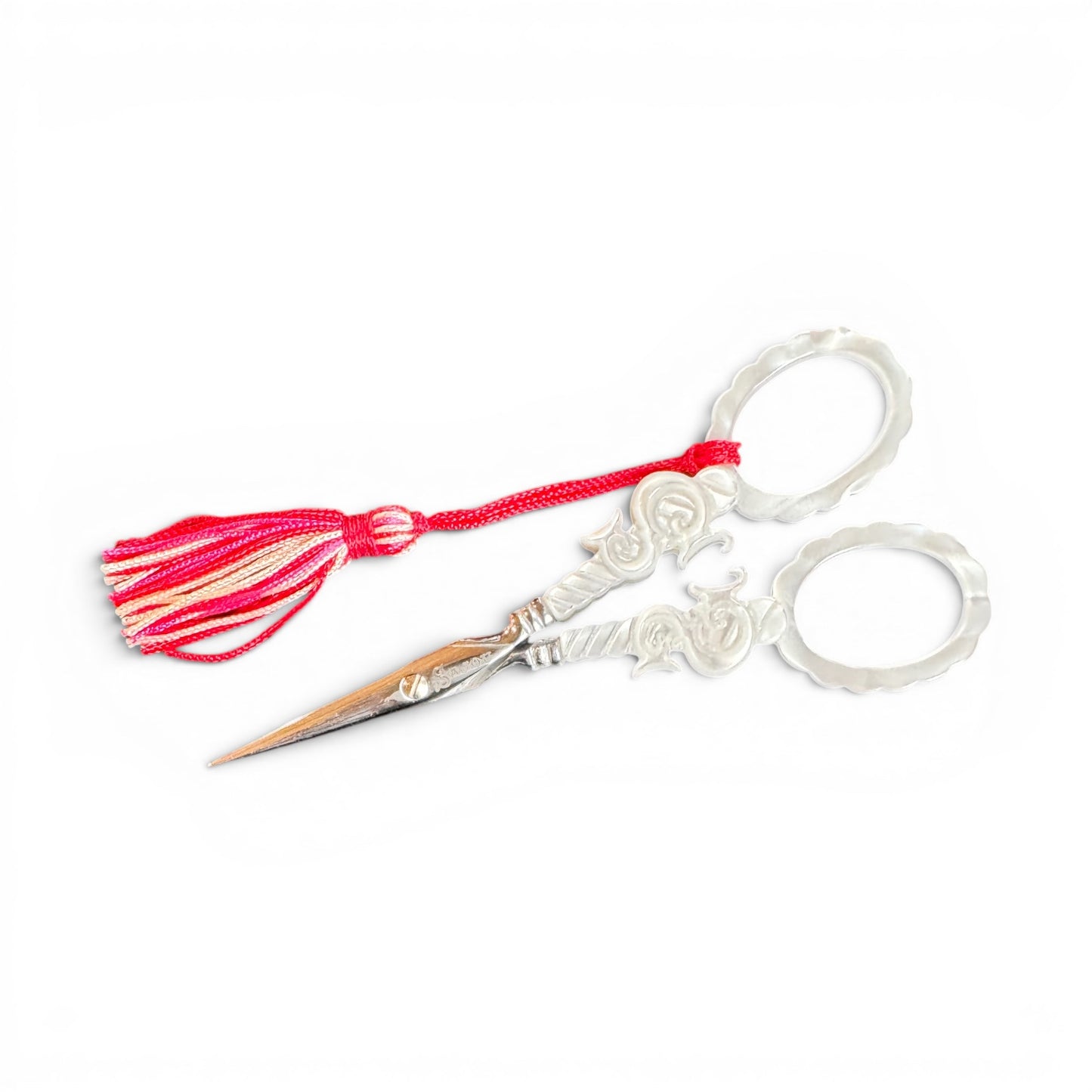 Sajou | Faux Mother of Pearl S Motif 4" Embroidery Scissors - Pink & Red Tassel