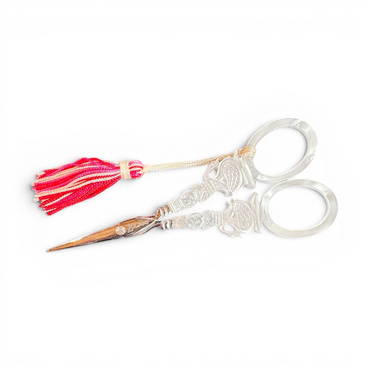 Sajou | Faux Mother of Pearl 4.5" Embroidery Scissors - SWAN Model with Red Pink Tassel
