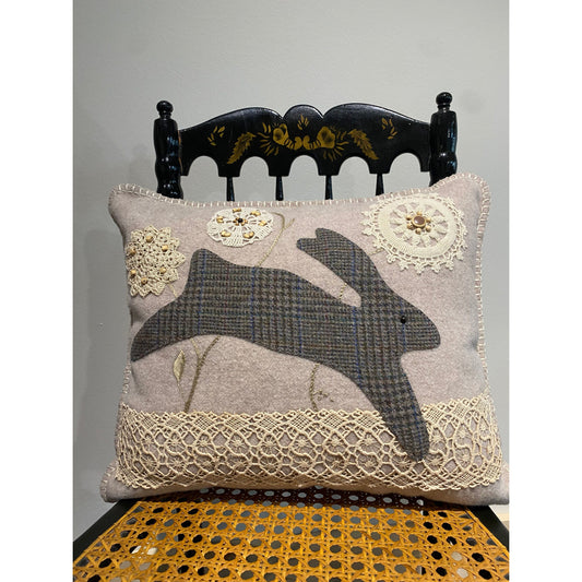 Paxe's Designs | Wool Applique Finished Pillow - Bunny with Lace Appliqués