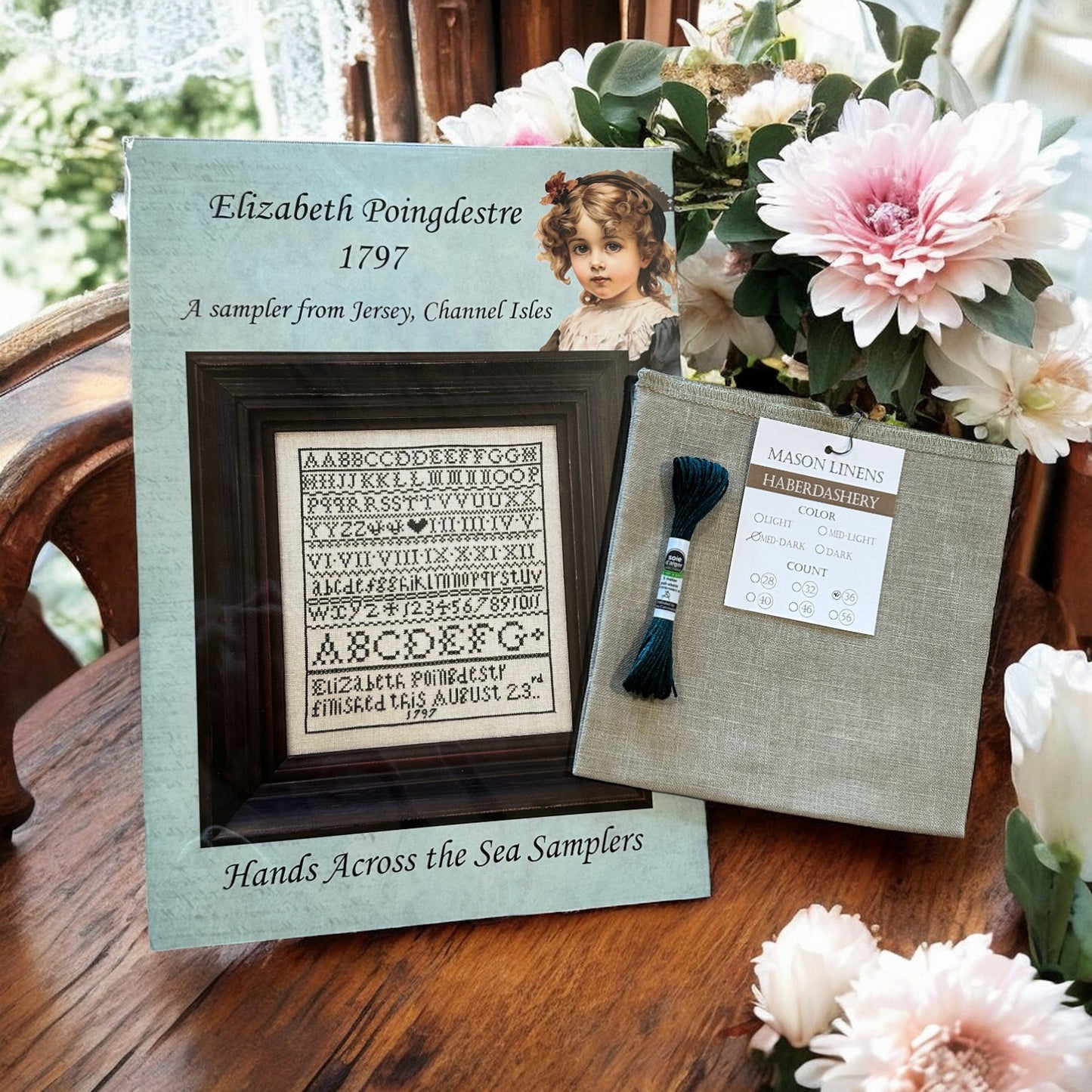 Hands Across The Sea Samplers | Elizabeth Poingdestre 1797 Sampler Kit with 36 ct & d'Alger