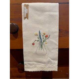 Paxe's Designs ~ Hand Embroidered Tea Towel ~ Flower Vase Lace Edge