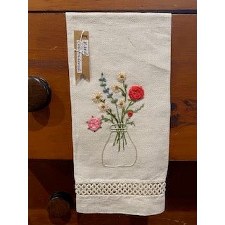 Paxe's Designs ~ Hand Embroidered Tea Towel ~ Flower Vase Tatting Edge
