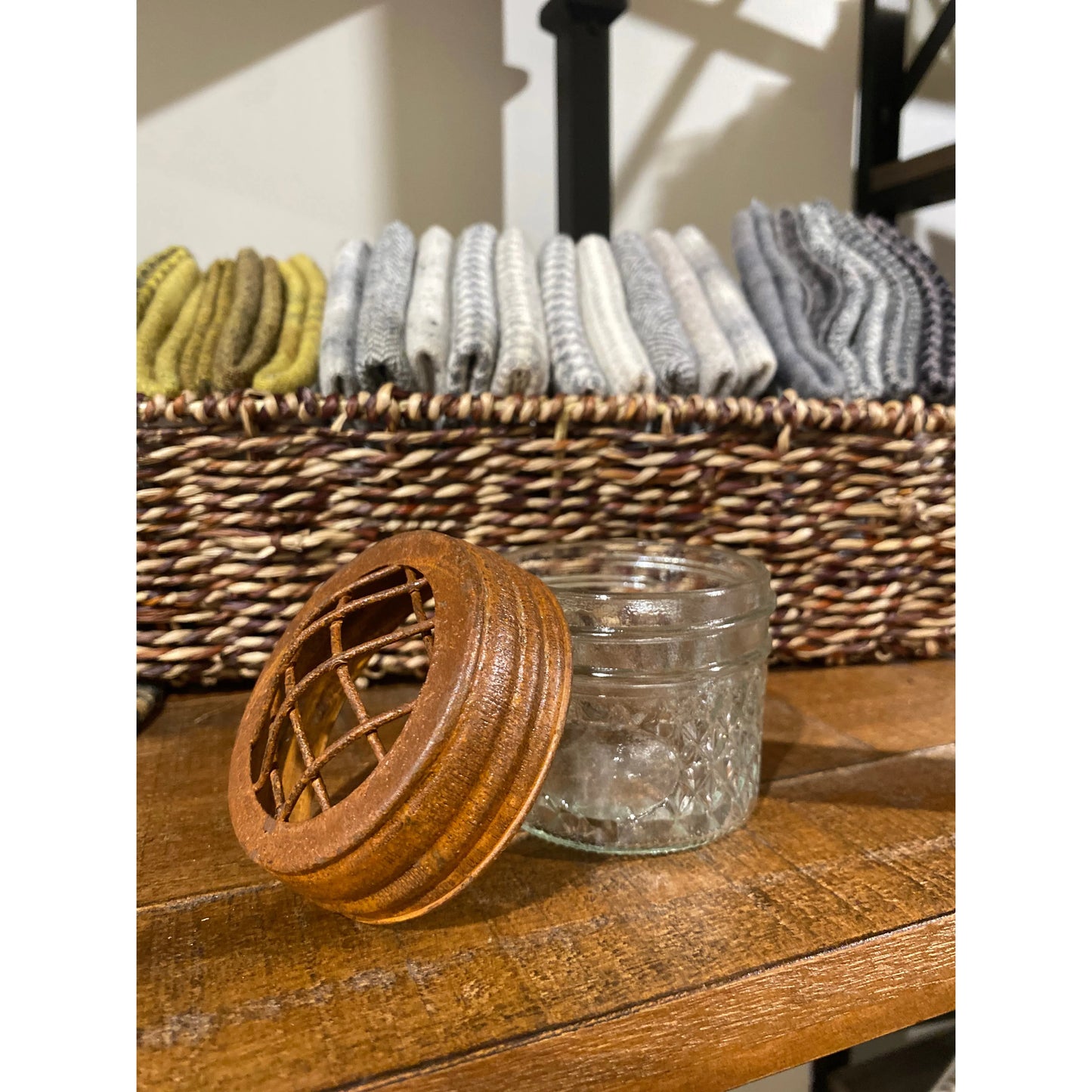 Sectioned Rusty Tin Metal Mason Jar Lid & Jar