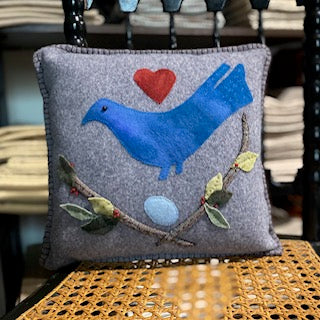 Paxe's Designs | Wool Applique Finished Pillow - Blue Bird with Heart