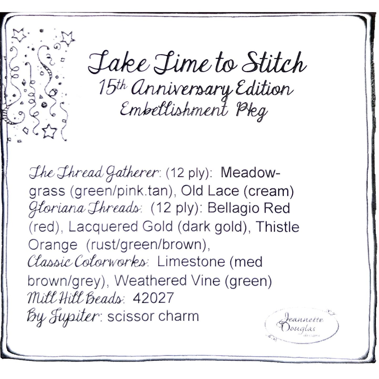 Jeannette Douglas Designs | Take Time To Stitch Embellishment Package