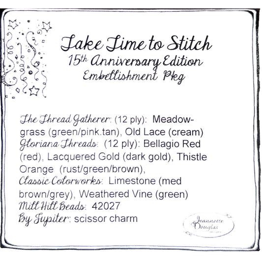 Jeannette Douglas Designs | Take Time To Stitch Embellishment Package