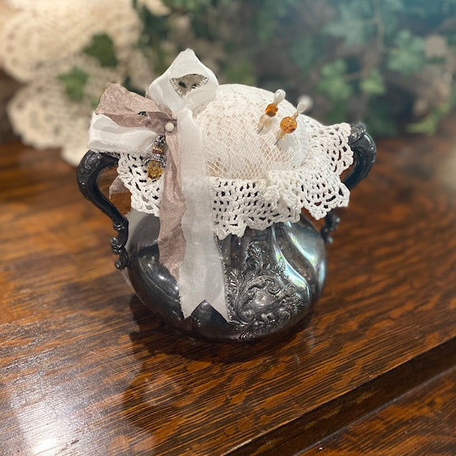 Paxe's Designs ~ Pewter Base Pincushion with Amber Bee