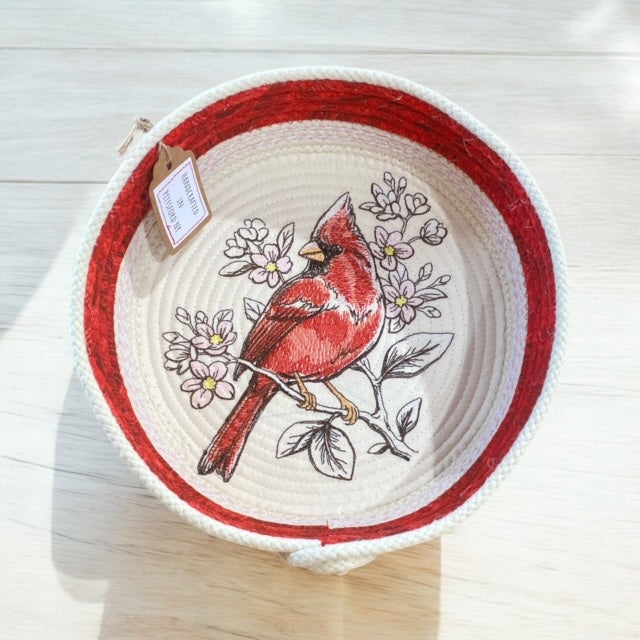 Hand-Crafted Fabric Covered Rope Bowl Embroidered Cardinal