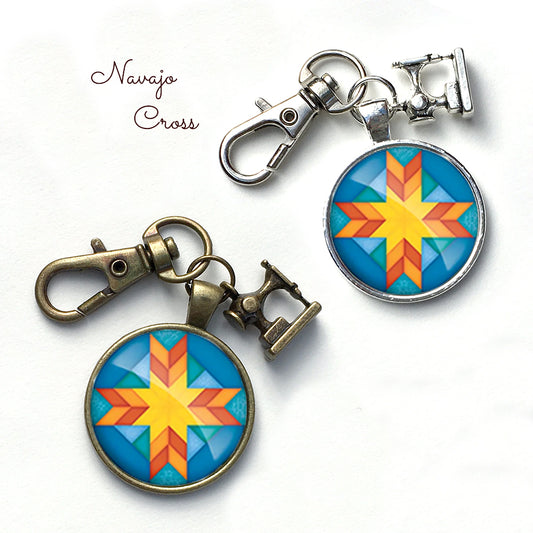 Patchwork Pendants | Navajo Cross Quilt Scissor Fob - Silver Finish