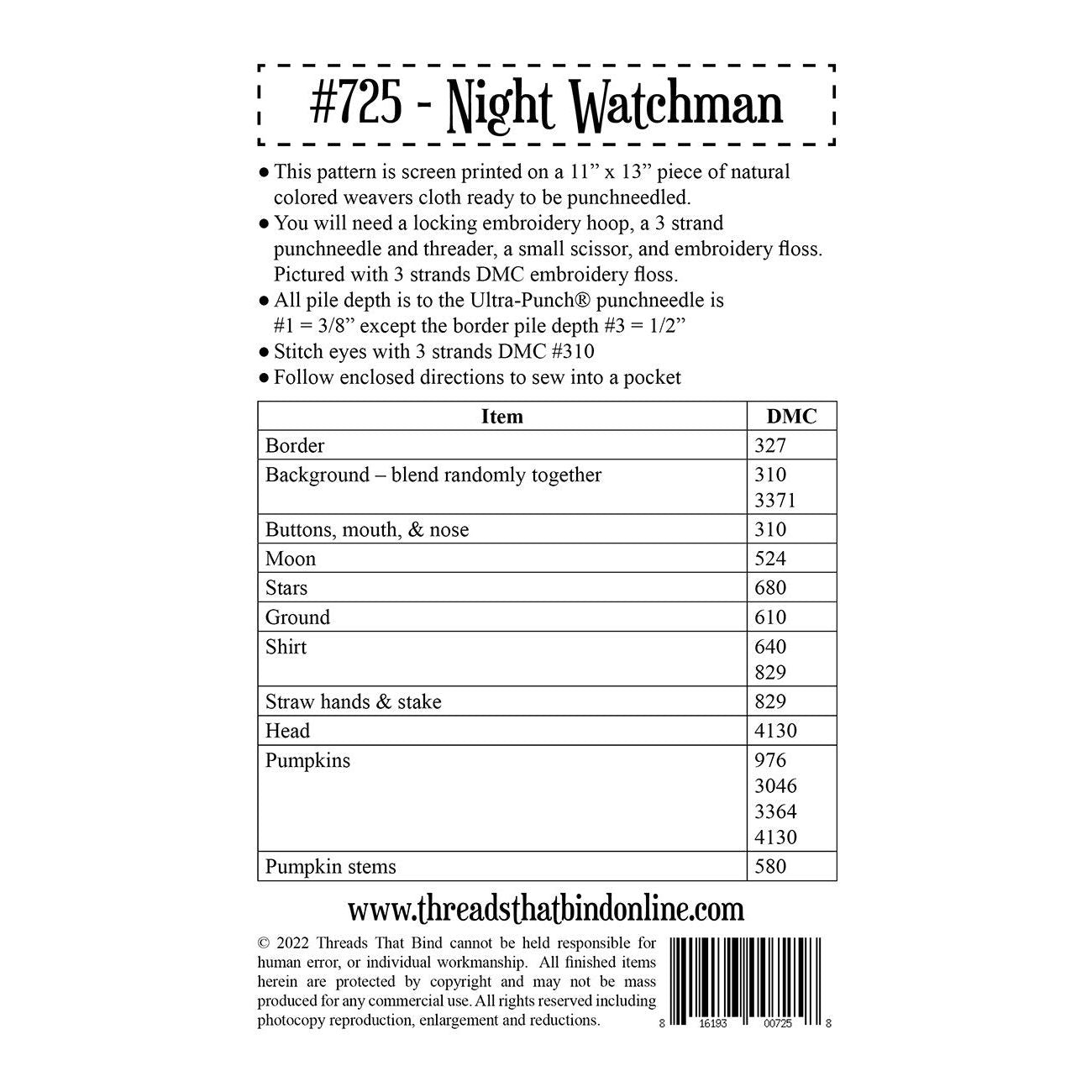 Threads That Bind ~ Night Watchman Punch Needle Pattern