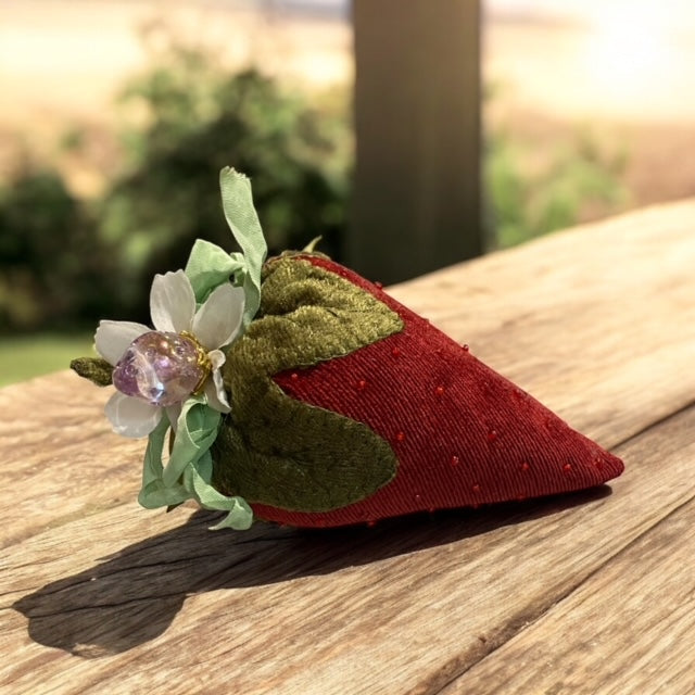 Paxe's Designs ~ Velvet Vintage Style Strawberry Pincushion with Glass Charm