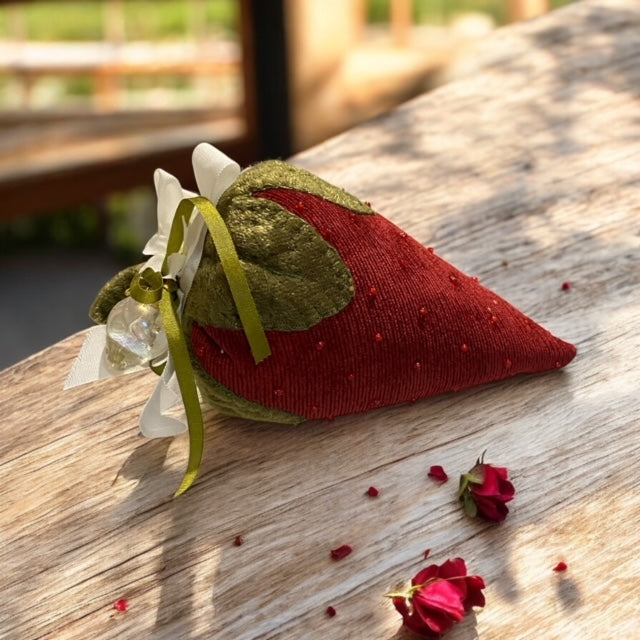 Paxe's Designs ~ Velvet Vintage Style Strawberry Pincushion with Glass Charm
