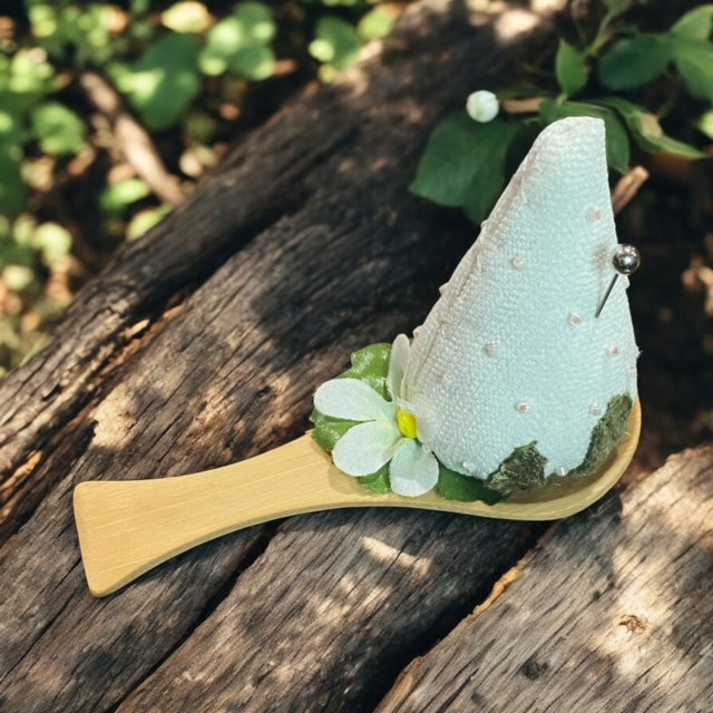 Paxe's Designs ~ Mini White Strawberry Pincushion on Wooden Spoon